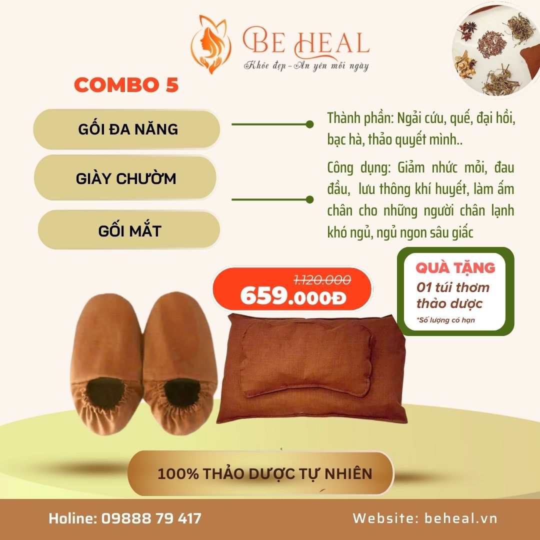 Combo 5: 3 SP: Gối đa năng + giày chườm + Gối mắt (tặng 01 túi thơm thảo dược)