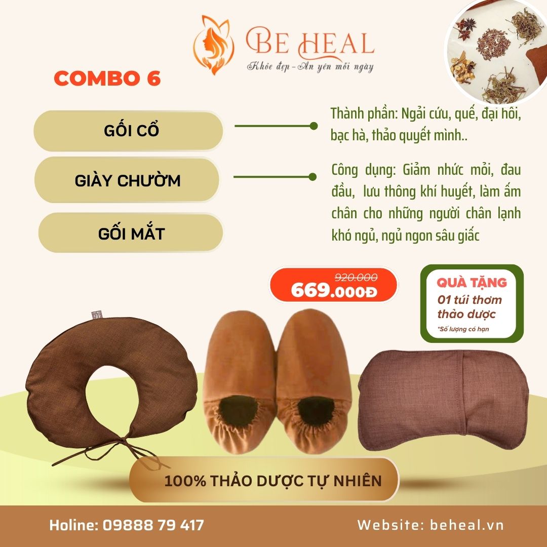 Combo 6: 3 SP: Gối cổ + giày chườm+ gối mắt (tặng 01 túi thơm thảo dược)