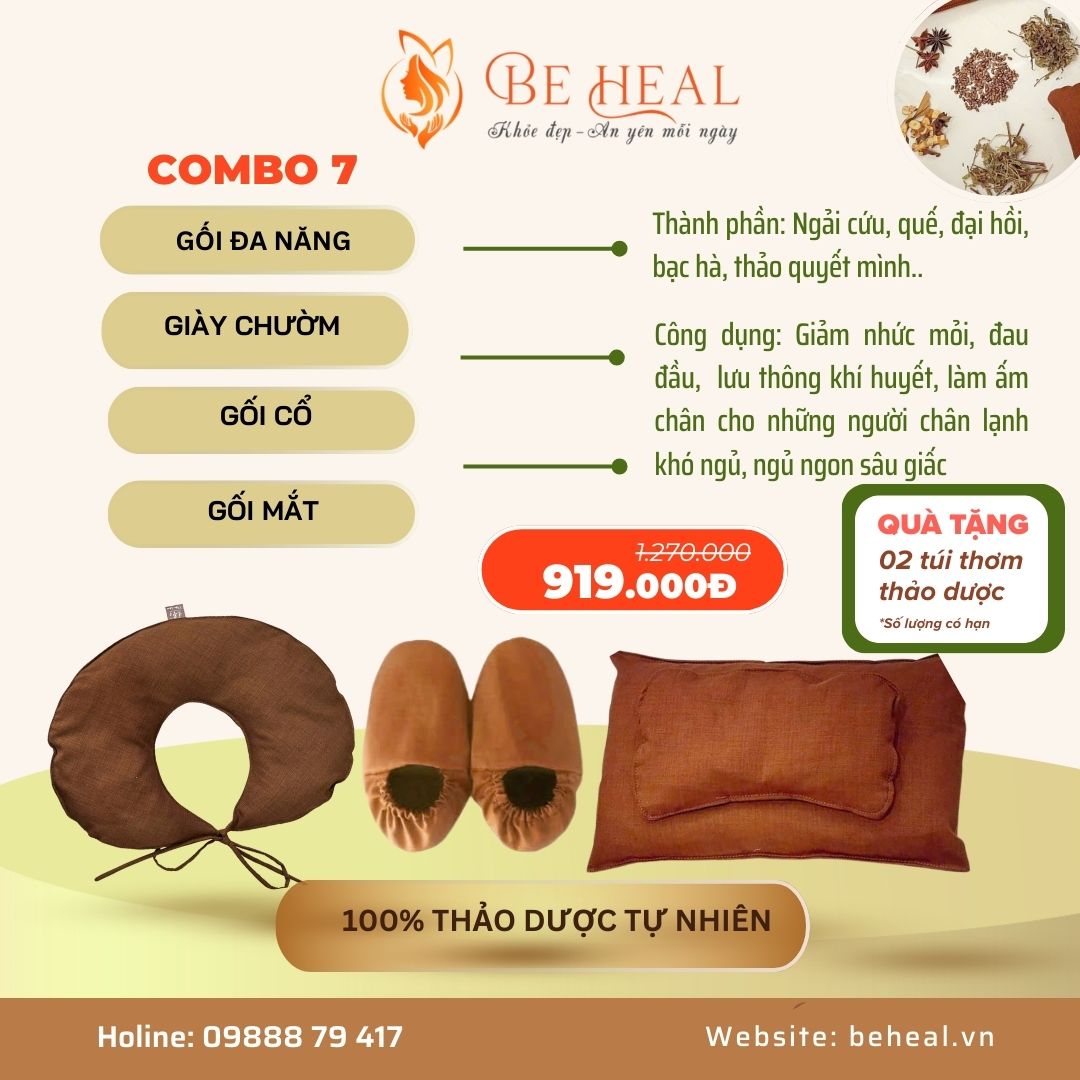 Combo 7: 4 SP: Gối đa năng+ giày chườm+ gối cổ+ gối mắt (tặng 02 túi thơm thảo dược)